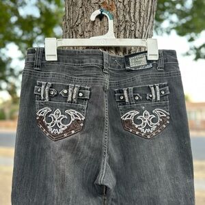Stylish Boot Cut Jeans Distress with Embellished Pockets